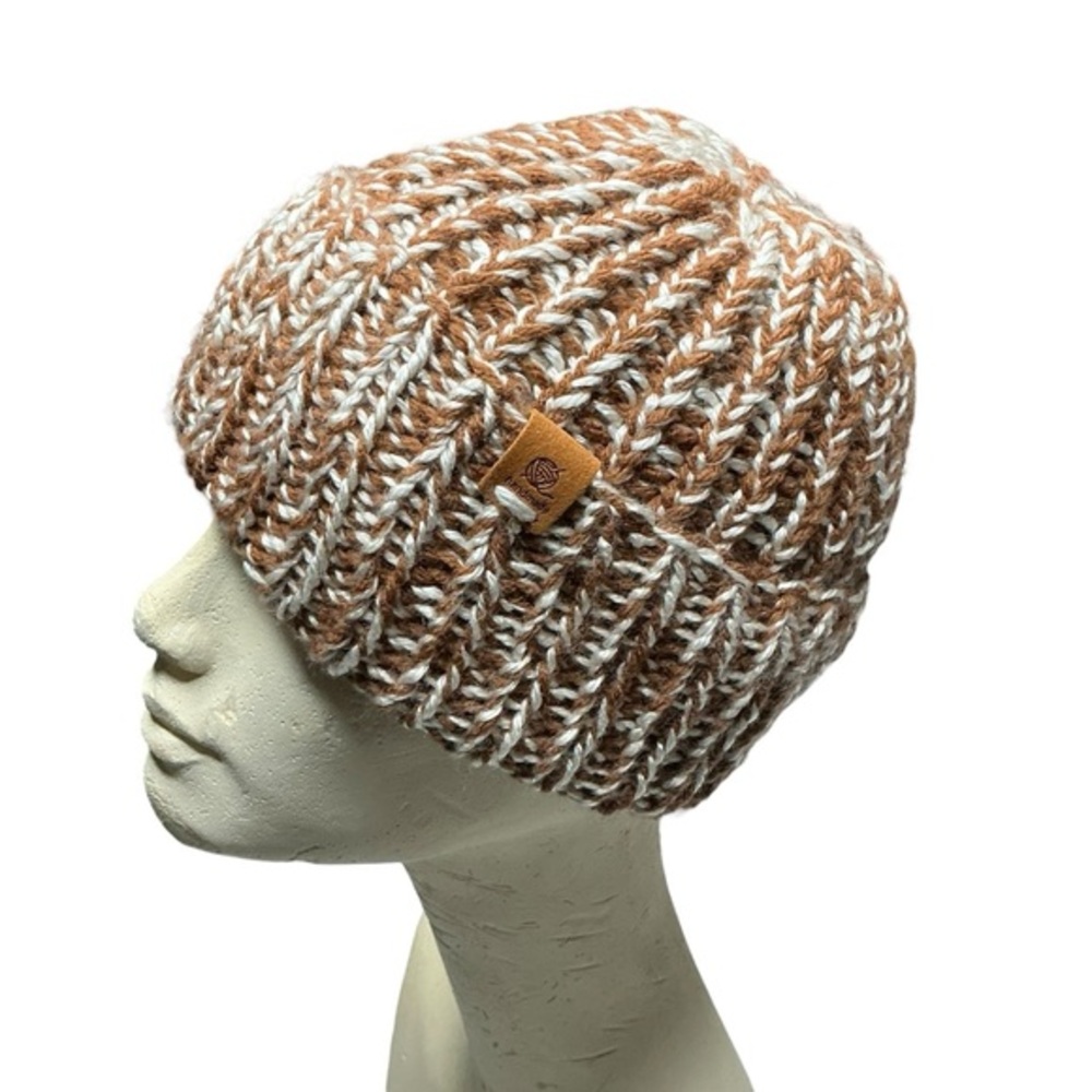 Handmade Chunky Knit Beanie Brown & White Winter Fall Handcrafted Hat